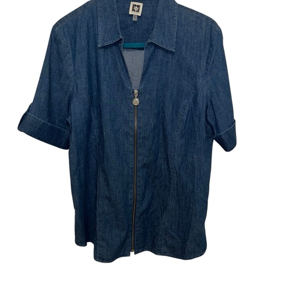 Vintage denim jeans shirt jacket Anne Klein zipper L large short sleeve nwot new - Picture 1 of 7